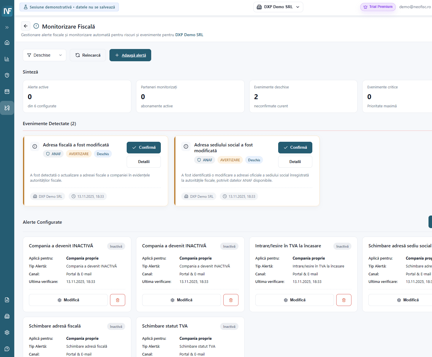 Pagina de monitorizare fiscală cu evenimente detectate și alerte configurate